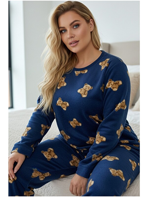 Siyah İnci Büyük Beden Polar Kışlık Örme Pijama Takım 25222586