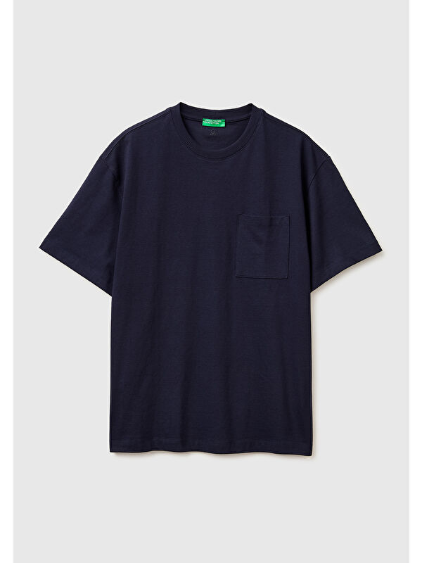 United Colors Of Benetton Erkek Lacivert  %100 Pamuk Cepli Arkası Logo Nakışlı Bisiklet Yaka T-Shirt