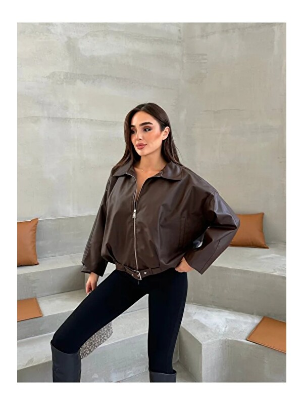 ginger love Kadın Kahverengi Fermuarlı Deri Oversize Mont