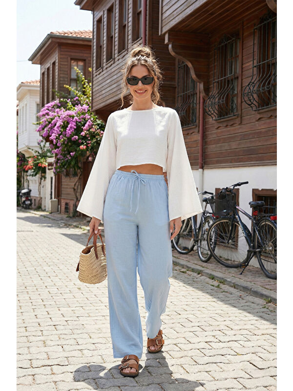 Lela Pamuklu Bağlamalı Relaxed Fit Yüksek Bel Geniş Paça Kadın Müslim Pantolon 5866663