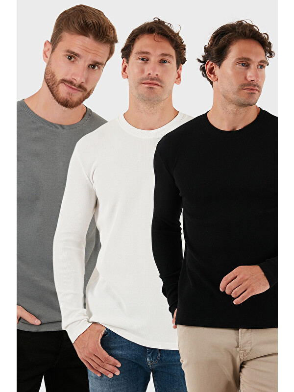 Buratti Pamuklu Bisklet Yaka Normal Kalıp Basic 3'lü Paket Sweat 5905073S3