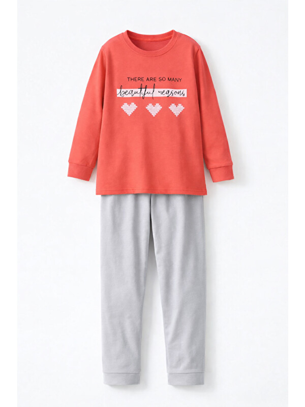 Remsa Genç Kız Çocuk Pamuklu Desenli Pijama Takımı 8412 Mercan02