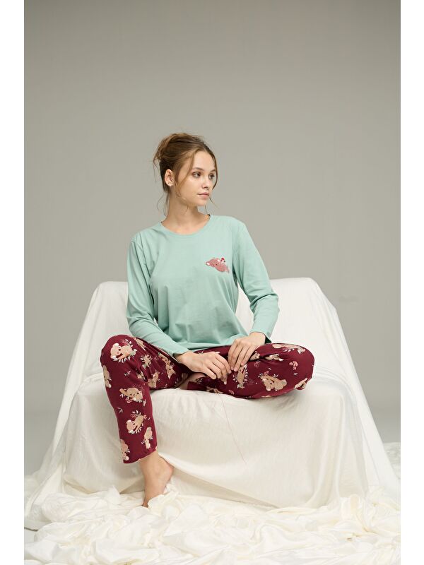 Siyah İnci Yeşil Bordo Koala Desenli Pamuklu Bisiklet Yaka Örme Pijama Takım25241156