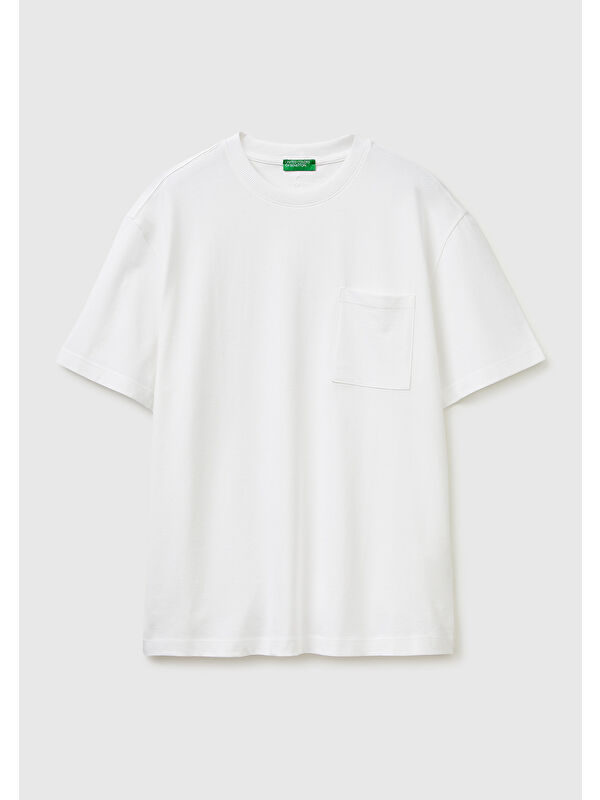 United Colors Of Benetton Erkek Beyaz  %100 Pamuk Cepli Arkası Logo Nakışlı Bisiklet Yaka T-Shirt