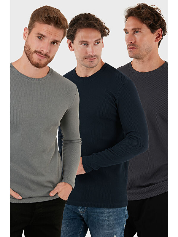 Buratti Pamuklu Bisklet Yaka Normal Kalıp Basic 3'lü Paket Sweat 5905073S3