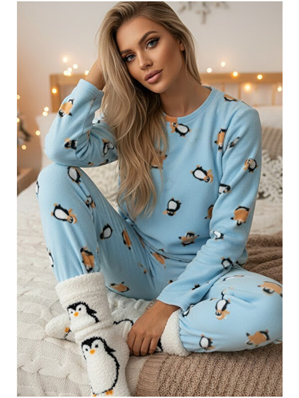 Siyah İnci mavi penguen desenli Polar Kışlık Örme Pijama Takım