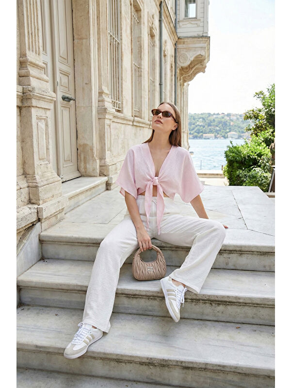 Lela Pamuklu Bağlamalı Relaxed Fit Yüksek Bel Geniş Paça Kadın Müslim Pantolon 5866663