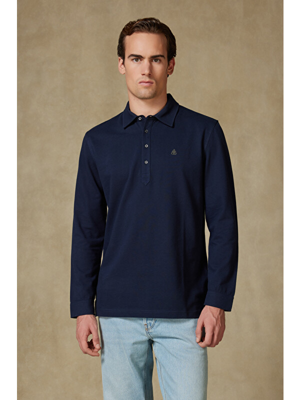 ABBATE Castle Pike Pamuklu Comfort Fit Lacivert Polo Yaka Erkek Düz Polo Shirt