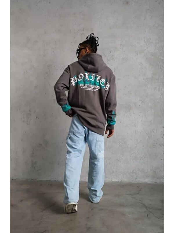 Jane's Erkek Üç İplik İçi Pamuklu Alev Baskılı Kapüşonlu Sweatshirt - Gri