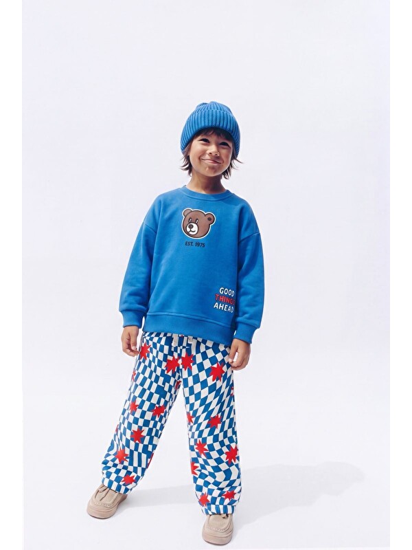 Magu Çocuk Ayıcık Baskılı Mavi Sweatshirt Ve Desenli Eşofman Altı Takımı