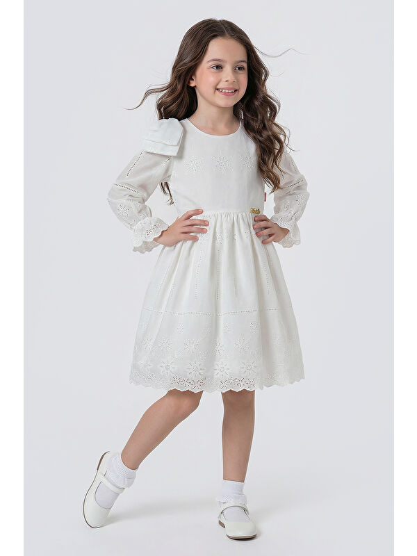 Pina Kids Kız Çocuk Omzu Fiyonk Detaylı Uzun Kollu Fisto Elbise