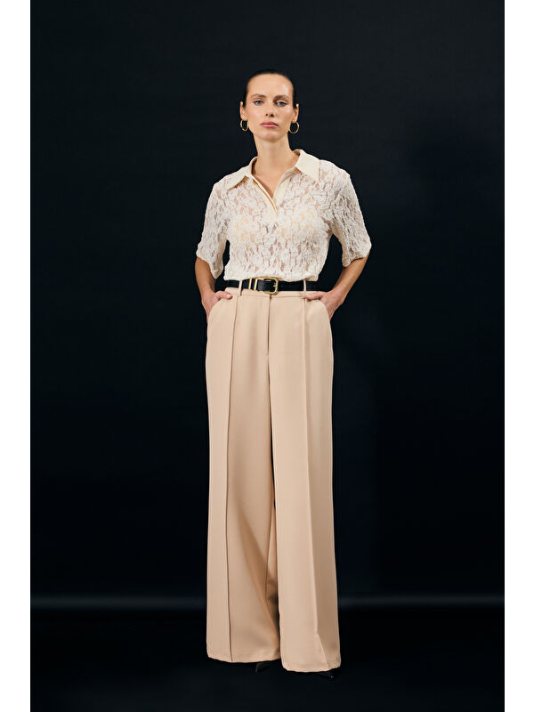SATEEN Kemer Detaylı Pantolon - Bej