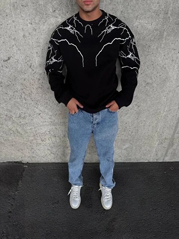Jane's Yıldırım Baskılı Bisiklet Yaka SweatShirt - Siyah
