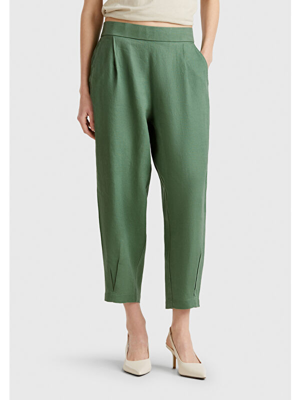 United Colors Of Benetton Kadın Açık Yeşil %100 Keten Arka Beli Lastikli Paçası Dar Relax Fit Pantolon