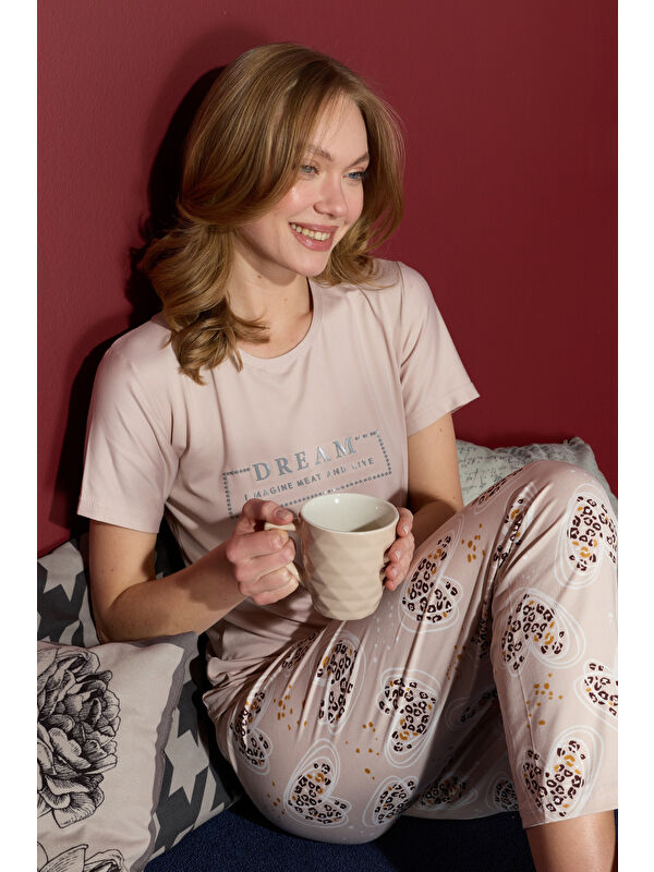 Fullamoda Çizgili Kalpli Bisiklet Yaka Pijama Takımı