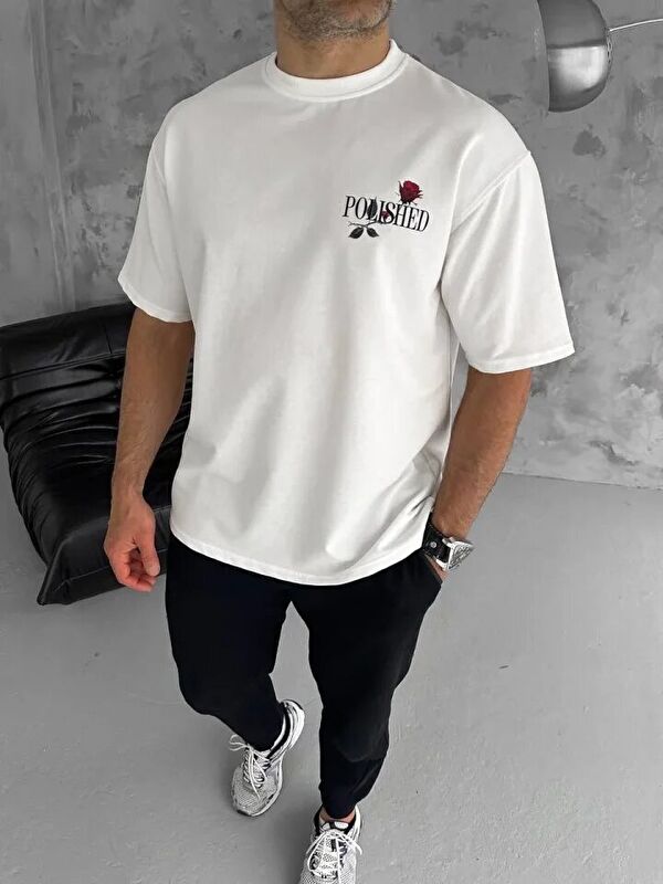 Jane's Unisex Bisiklet Yaka Baskılı Oversize T-Shirt - Beyaz