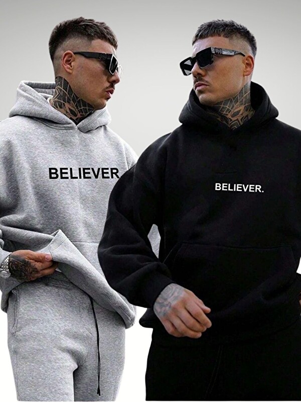 Trendseninle 2'li Set Gri+Siyah Believer Baskılı Pamuklu Oversize Kapüşonlu Sweatshirt Hoodie