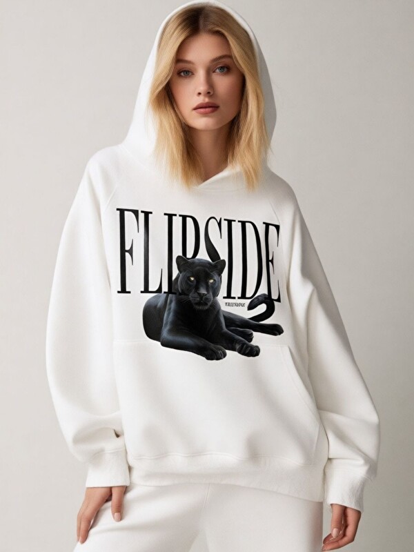 Trendseninle Unisex Beyaz Flip Side Baskılı Kapüşonlu Sweatshirt Hoodie