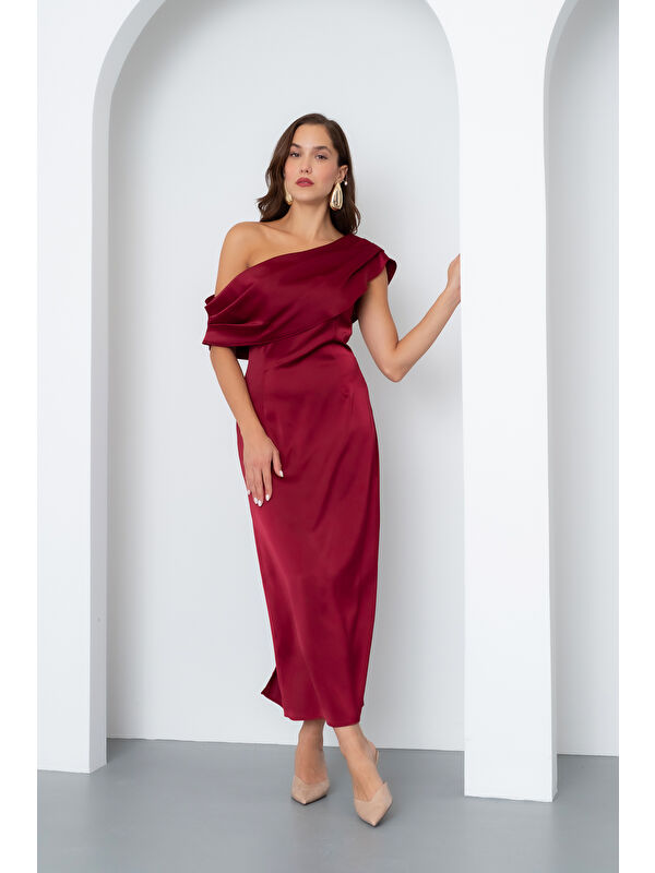Lafaba Kadın Bordo Degaje Yaka Saten Elbise