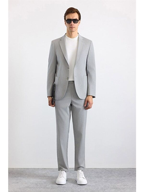 Süvari Gri Slim Mono Yaka Düz Torba Cep 6 Drop Takım Elbise