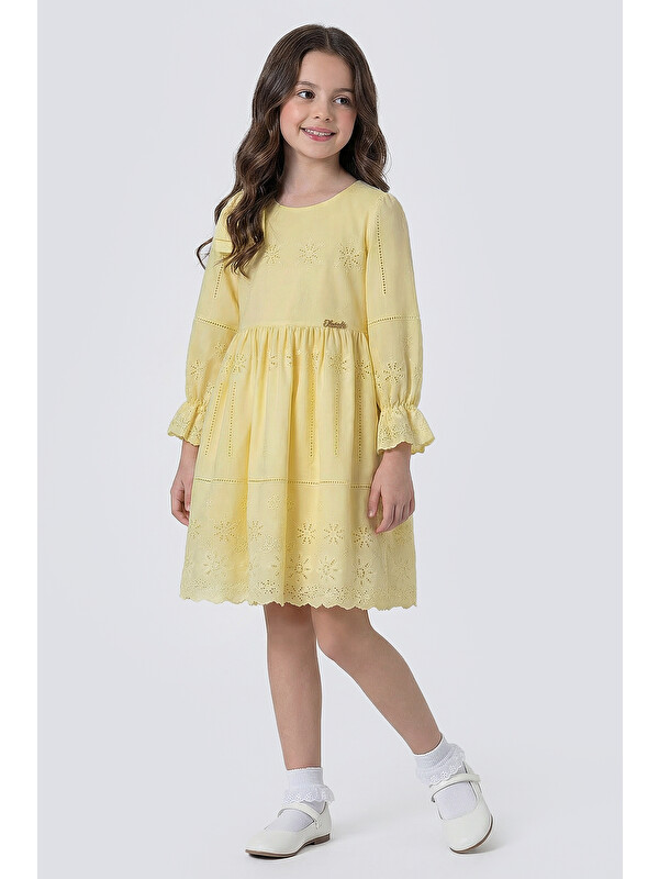 Pina Kids Kız Çocuk Omzu Fiyonk Detaylı Uzun Kollu Fisto Elbise