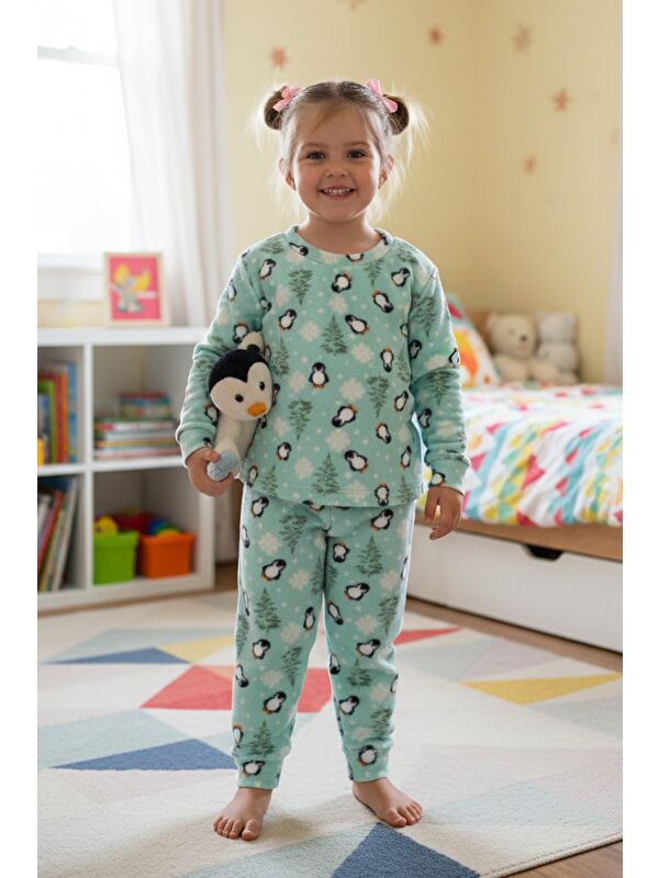 Fullamoda Penguen Desenli Polar Unisex Çocuk Pijama Takımı