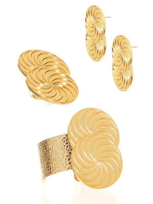 Labalaba Kadın Lak Kaplama Spiral Baskılı Tasarım Küpe &Yüzük &Bilekik Set