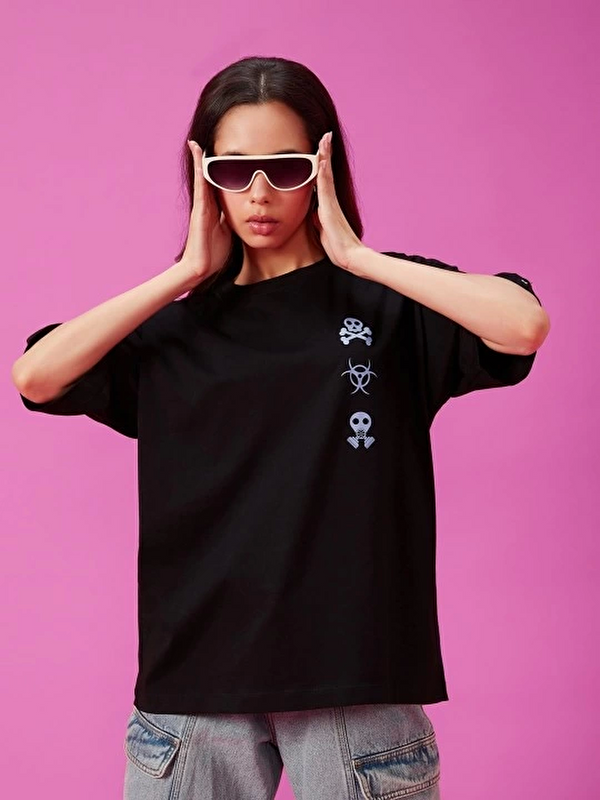Jane's Baskılı Oversize T-shirt - Siyah