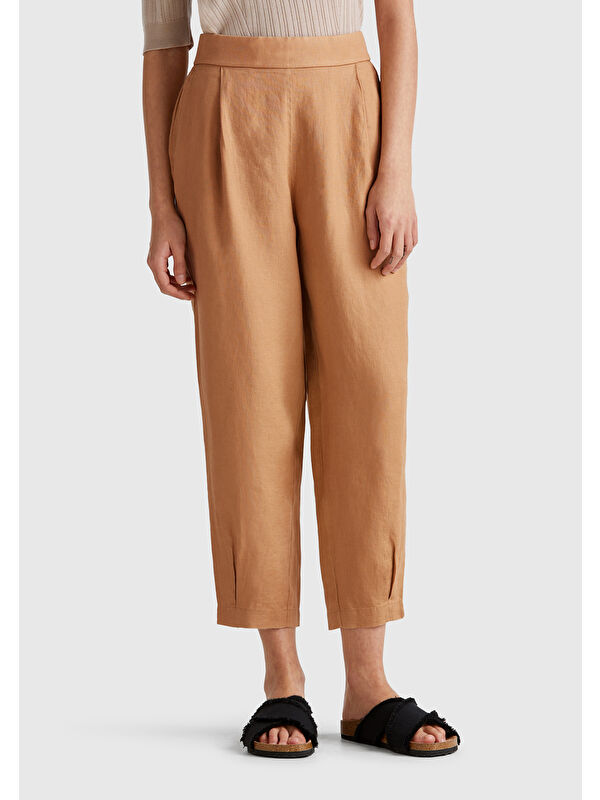 United Colors Of Benetton Kadın Bej %100 Keten Arka Beli Lastikli Paçası Dar Relax Fit Pantolon