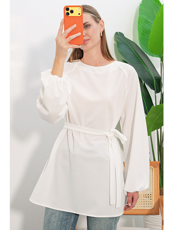 Bigdart Kadın Çizgili Bağcıklı Oversize Tunik 50009 - Beyaz