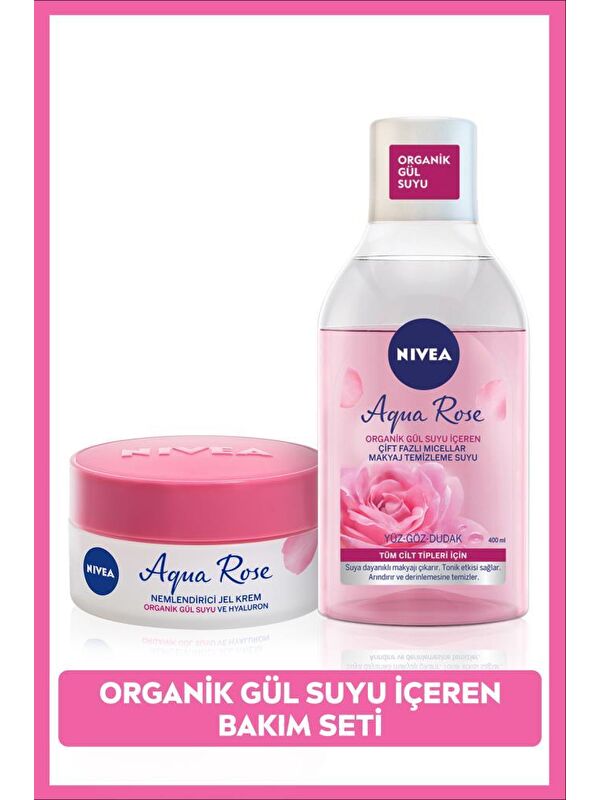 NIVEA Aqua Rose Gül Suyu Çift Fazlı Micellar Makyaj Temizleme Suyu 400ml ve Nemlendirici Jel Krem 50ml