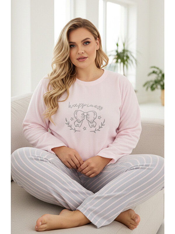 Siyah İnci pembe çizgili Nakışlı Büyük Beden Polar Kışlık Örme Pijama Takım