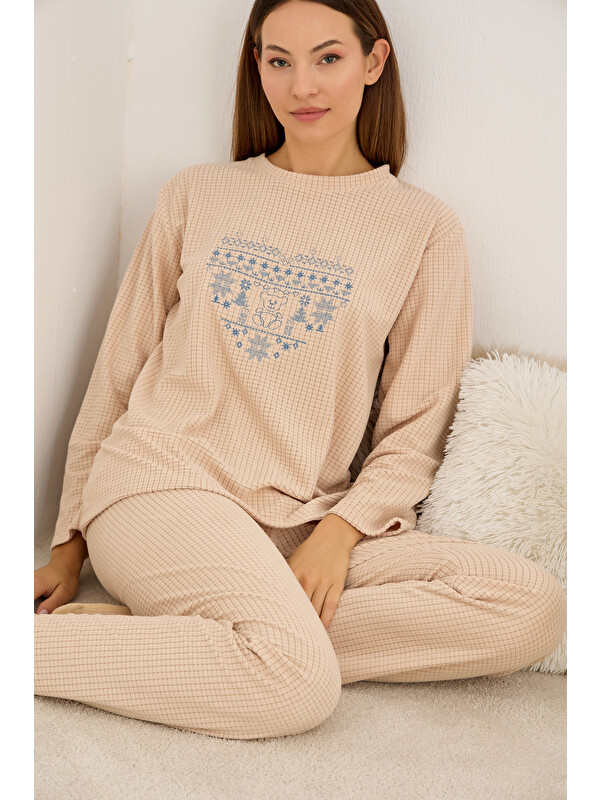 Siyah İnci somon Nakışlı Polar Kışlık Waffle Örme Kumaşlı Pijama Takım