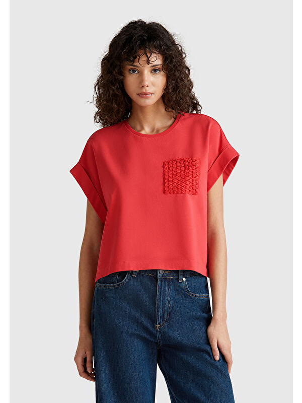 United Colors Of Benetton Kadın Mercan Dantel Detaylı Kısa Kol Esnek T-Shirt