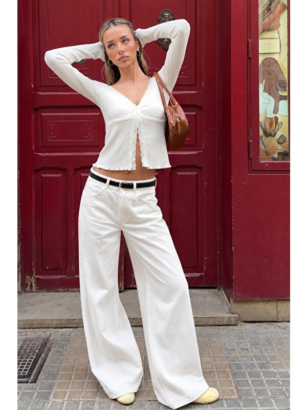 Madmext Ekru Yüksek Bel Wide Leg Kadın Jean Mg2880
