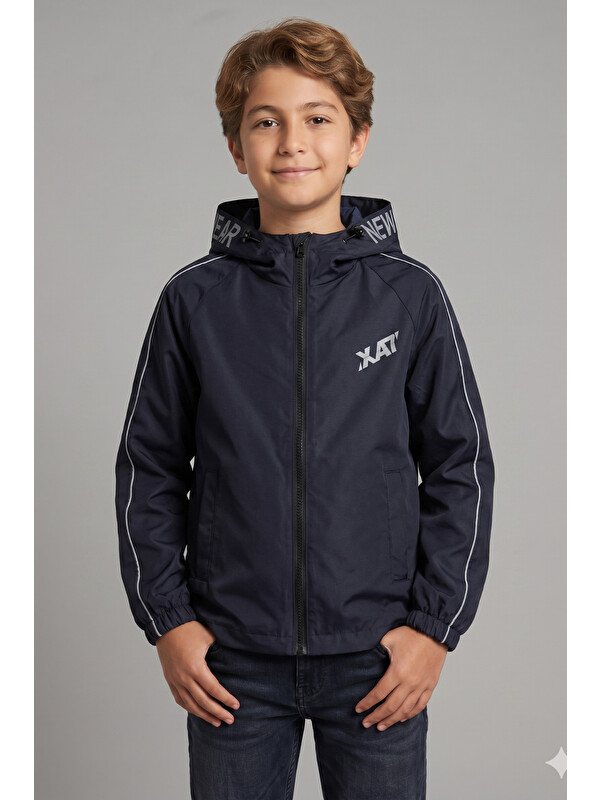 Pina Kids Erkek Çocuk Kapüşonlu Kolları Şeritli Baskılı Bondik Kumaş Mevsimlik Mont MM5011