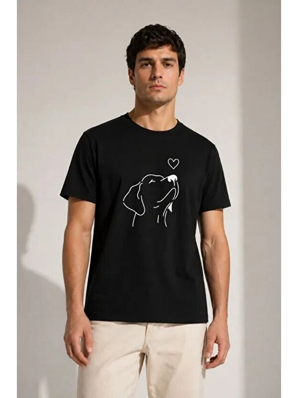 Jane's Erkek Köpek Figürlü Minimal Baskılı Tişört Kısa Kol Yazlık T-Shirt - Siyah