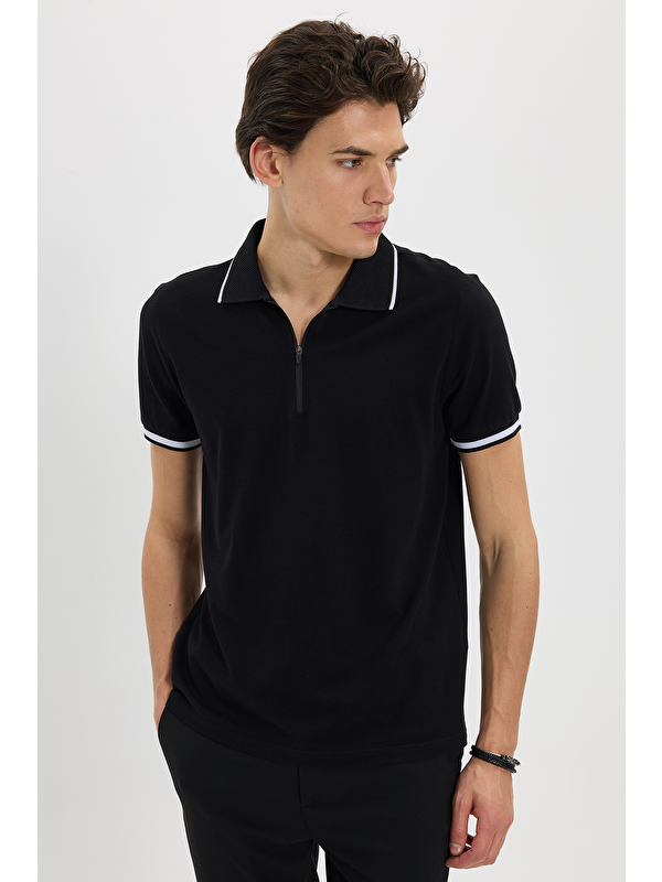 TUDORS Erkek Slim Fit Dar Kesim %100 Pamuk Jakarlı Düz Yaka Ve Kol Detaylı Siyah Polo Yaka Tişört
