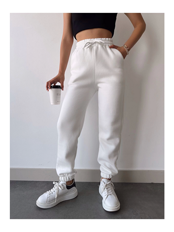 Jane's Üç İplik Basic Lastikli Eşofman Pantolon - Beyaz