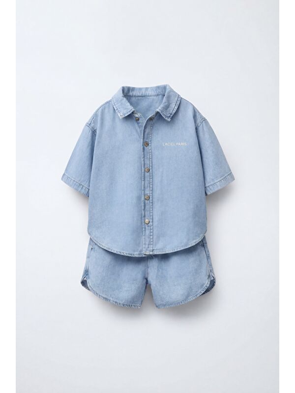 Magu Erkek Çocuk Oversize Denim Mavi Gömlek Şort Takım - Yazlık İkili Takım
