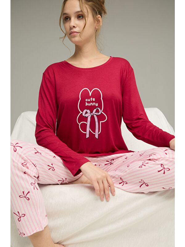 Siyah İnci Vişne Kurdele Desenli Pamuklu Bisiklet Yaka Örme Pijama Takım25241136