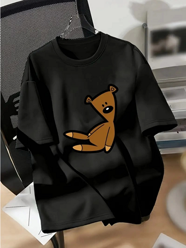 Jane's Baskılı Oversize Bisiklet Yaka T-shirt - Siyah