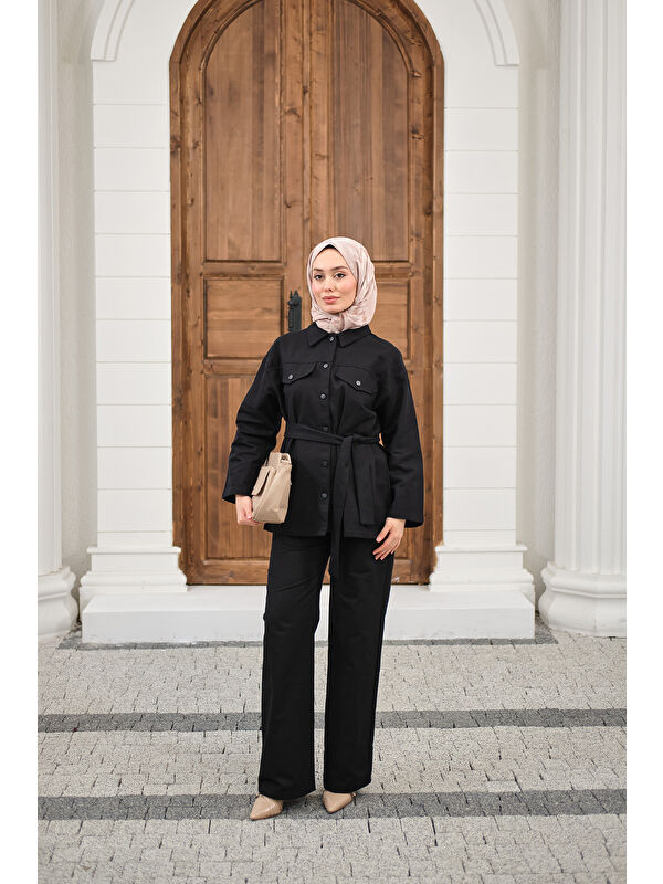 Locco Moda Kadın Çıtçıtlı Gabardin Bel bağlamalı takım Siyah