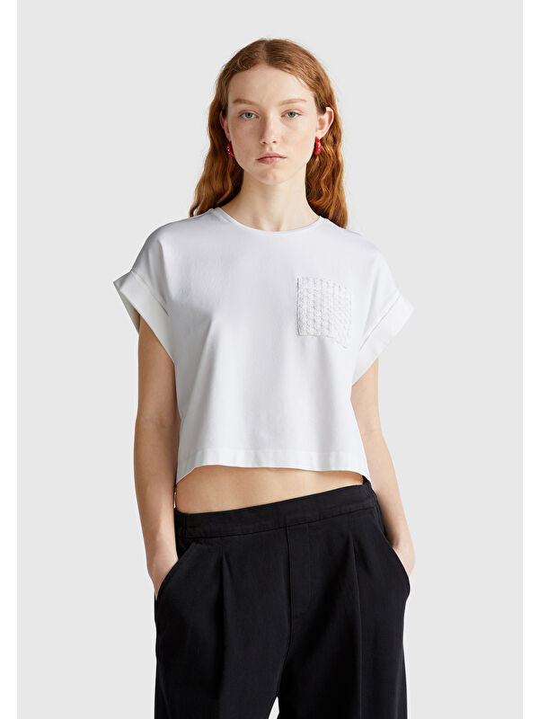 United Colors Of Benetton Kadın Beyaz Dantel Detaylı Kısa Kol Esnek T-Shirt