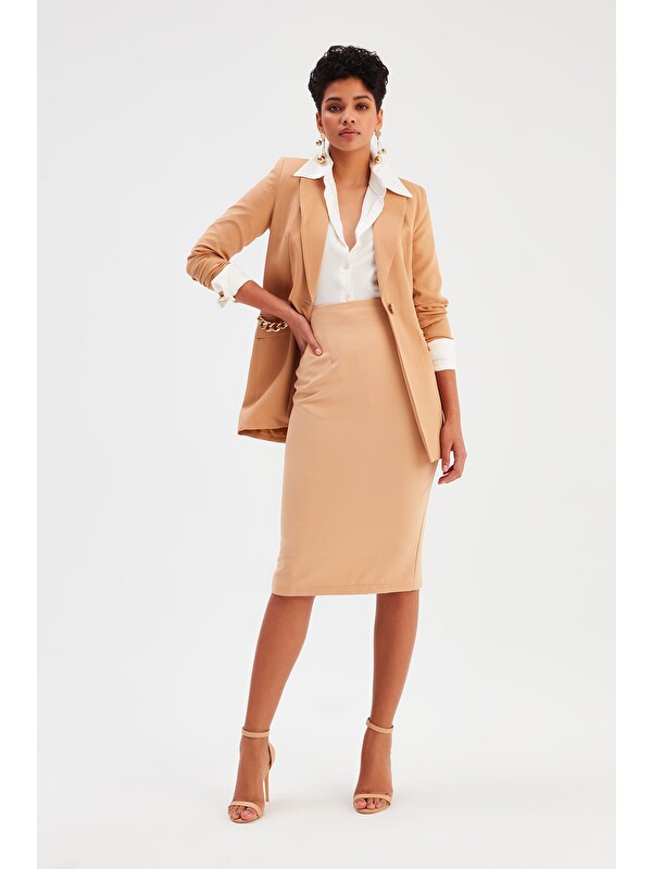 SATEEN Düz Kalem Etek - Açık Camel