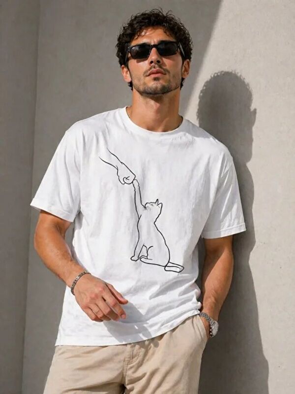Jane's Erkek Minimal Kedi Çizim Baskılı Tişört Kısa Kol Yazlık T-Shirt - Beyaz