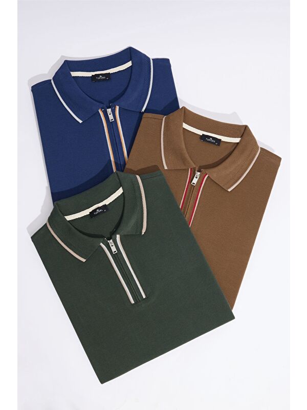 TUDORS Erkek 3'Lü Paket Kahverengi-Lacivert-Yeşil Slim Fit %100 Pamuk Yarım Fermuarlı Polo Yaka Tişört