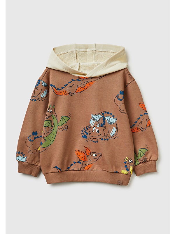 United Colors Of Benetton Erkek Çocuk Kahverengi Tamamı Desenli Logo Etiketli Bol Kalıp Kapüşonlu Sweatshirt