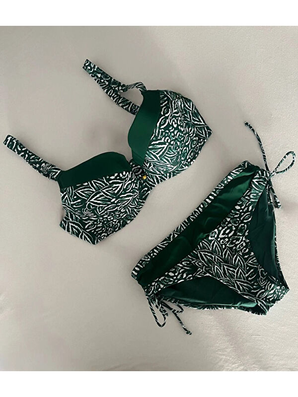 Hazelin Kadın Yeşil Beyaz Desenli Büyük Beden Astarlı Bikini Takım HZL25S-LC4006