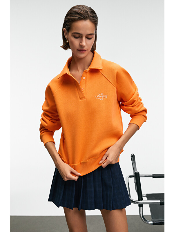 GRIMELANGE CAMIREL Kadın Polo Yaka Düğmeli Nakış Detaylı Reglan Kol Comfort Fit TURUNCU Sweatshirt